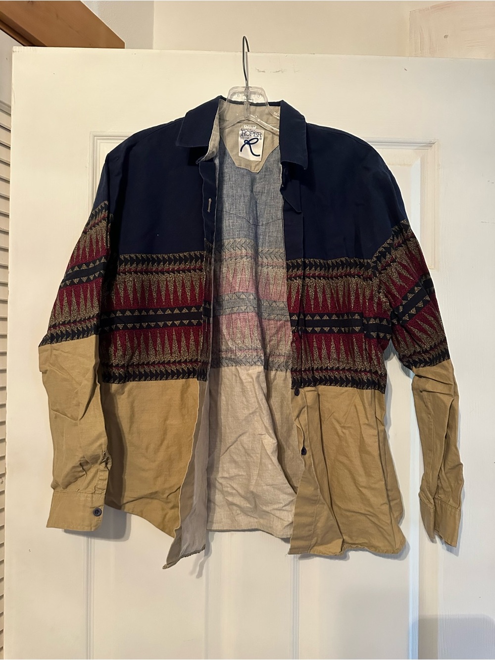 Roper Navy, Tan & Burgundy Patterned Button-Down Vintage Shirt